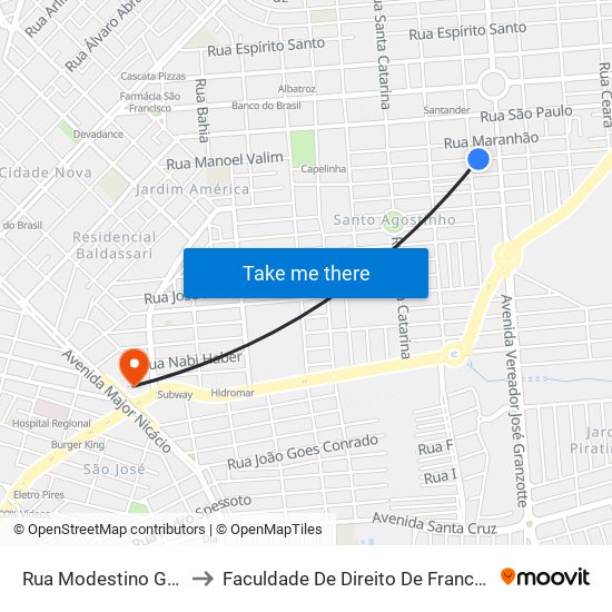 Rua Modestino Gomes to Faculdade De Direito De Franca - Facef map