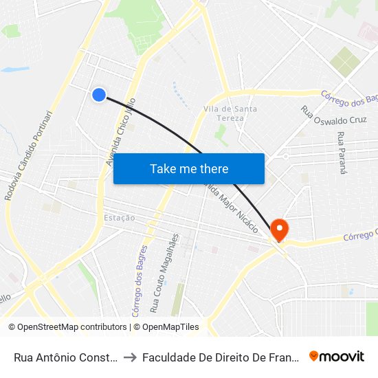 Rua Antônio Constantino to Faculdade De Direito De Franca - Facef map