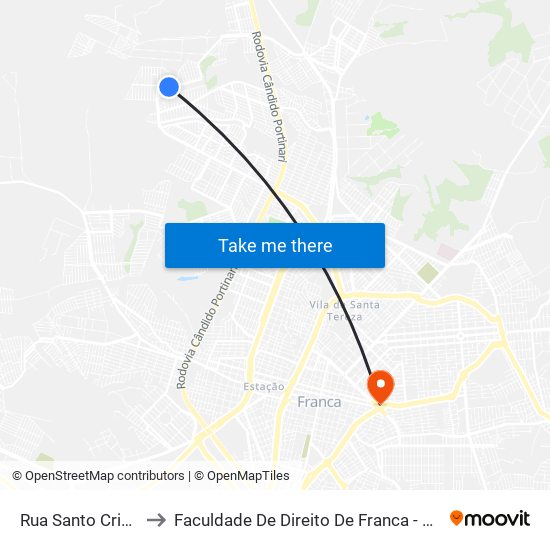 Rua Santo Cristal to Faculdade De Direito De Franca - Facef map