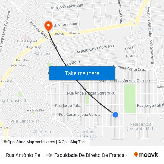 Rua Antônio Pedro to Faculdade De Direito De Franca - Facef map