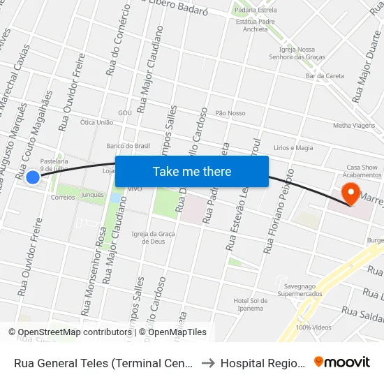 Rua General Teles (Terminal Central) to Hospital Regional map