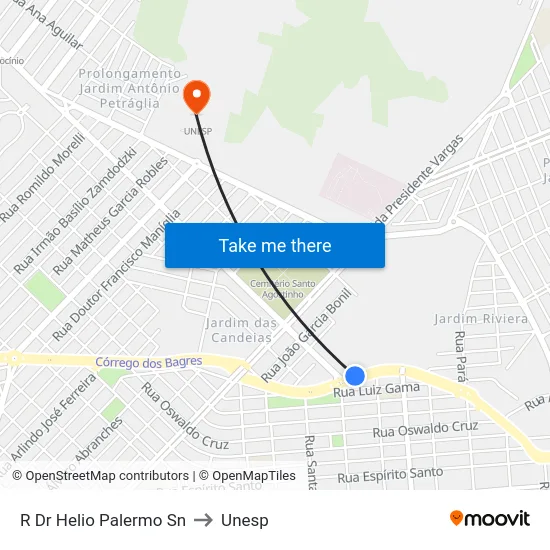 R Dr Helio Palermo Sn to Unesp map