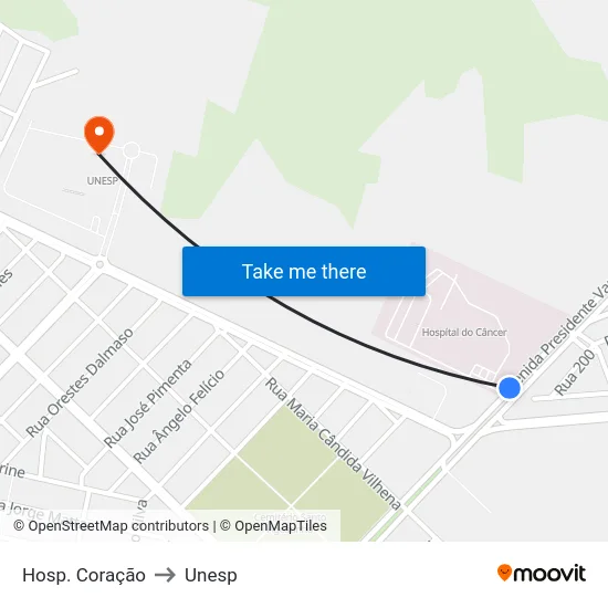 Hosp. Coração to Unesp map