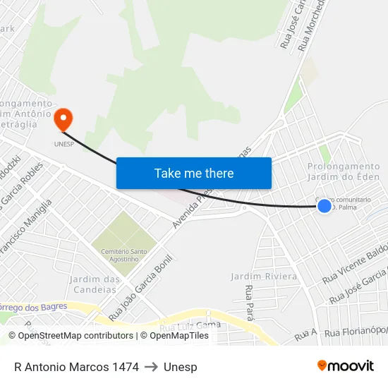R Antonio Marcos 1474 to Unesp map
