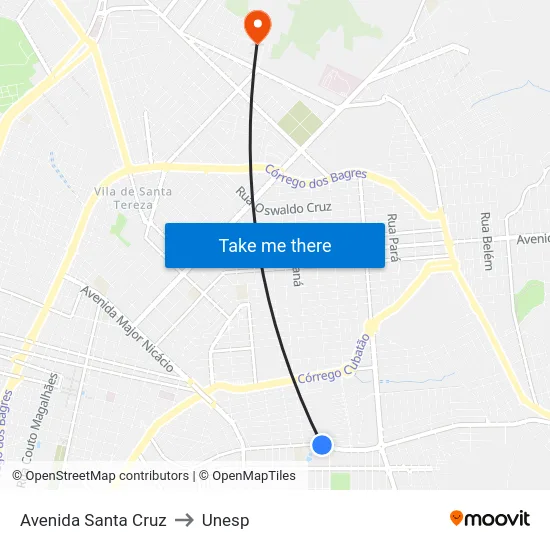 Avenida Santa Cruz to Unesp map