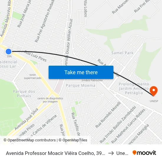 Avenida Professor Moacir Viêira Coelho, 3913 to Unesp map