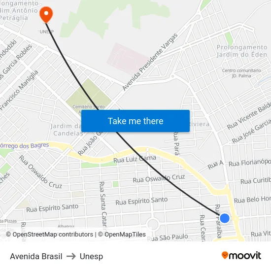 Avenida Brasil to Unesp map