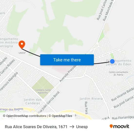 Rua Alice Soares De Oliveira, 1671 to Unesp map