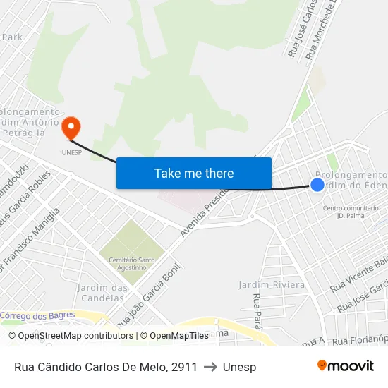 Rua Cândido Carlos De Melo, 2911 to Unesp map