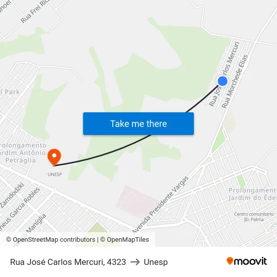 Rua José Carlos Mercuri,  4323 to Unesp map
