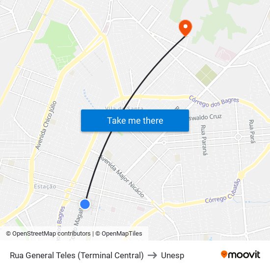 Rua General Teles (Terminal Central) to Unesp map