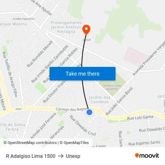 R Adalgiso Lima 1500 to Unesp map
