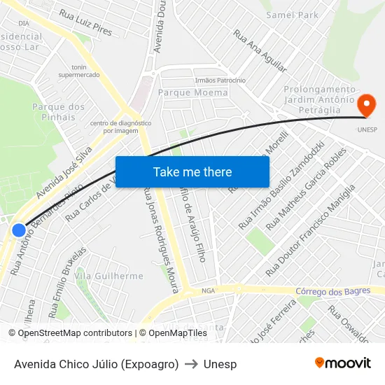 Avenida Chico Júlio (Expoagro) to Unesp map