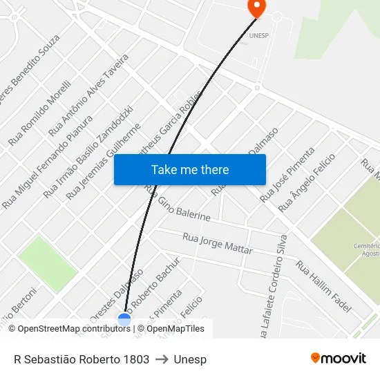 R Sebastião Roberto 1803 to Unesp map