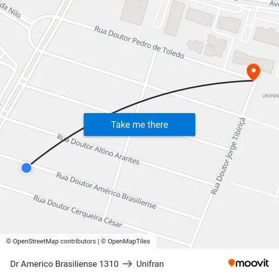 Dr Americo Brasiliense 1310 to Unifran map