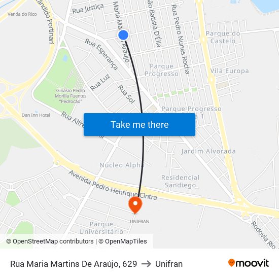 Rua Maria Martins De Araújo, 629 to Unifran map