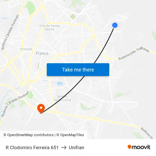 R Clodomiro Ferreira 651 to Unifran map