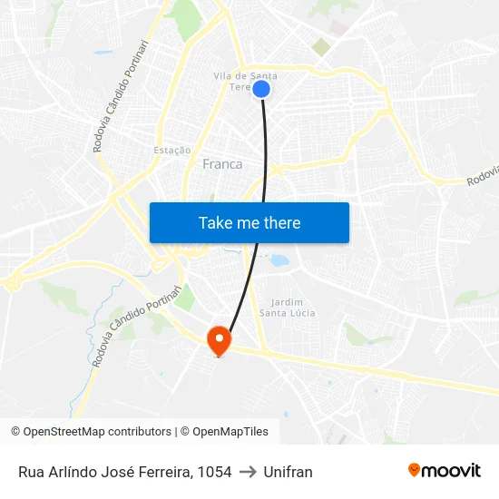 Rua Arlíndo José Ferreira, 1054 to Unifran map