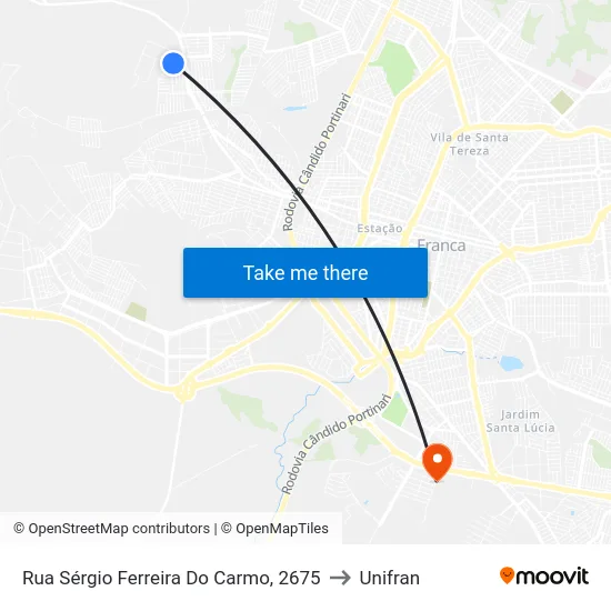 Rua Sérgio Ferreira Do Carmo, 2675 to Unifran map