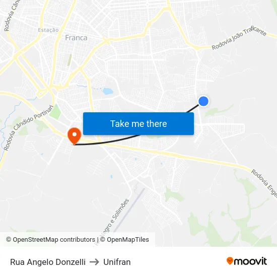 Rua Angelo Donzelli to Unifran map