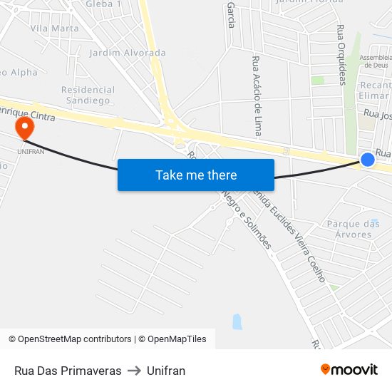 Rua Das Primaveras to Unifran map