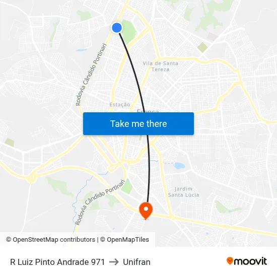 R Luiz Pinto Andrade 971 to Unifran map