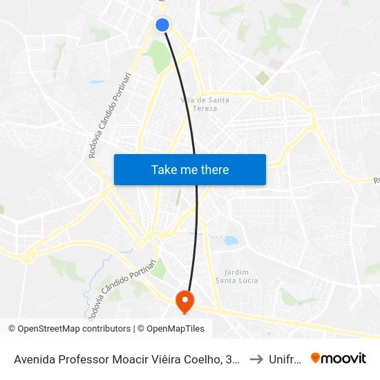 Avenida Professor Moacir Viêira Coelho, 3913 to Unifran map