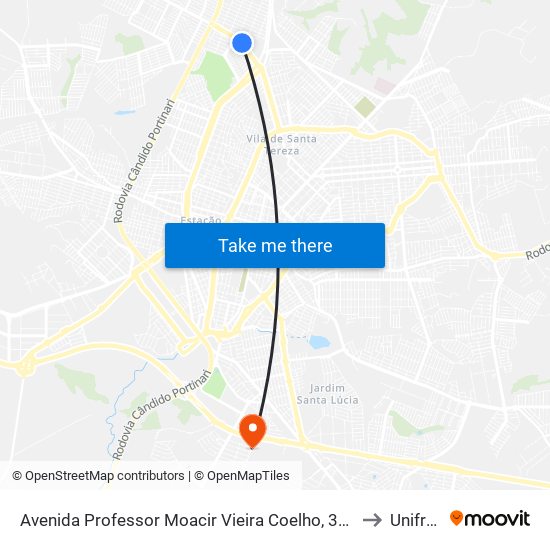 Avenida Professor Moacir Vieira Coelho, 3320 to Unifran map