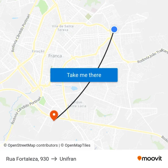 Rua Fortaleza, 930 to Unifran map