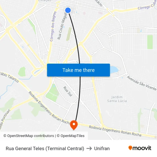 Rua General Teles (Terminal Central) to Unifran map