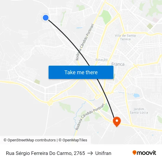 Rua Sérgio Ferreira Do Carmo, 2765 to Unifran map