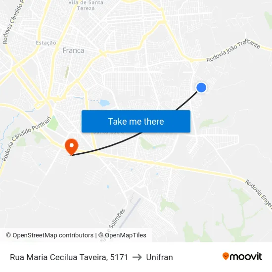 Rua Maria Cecilua Taveira, 5171 to Unifran map