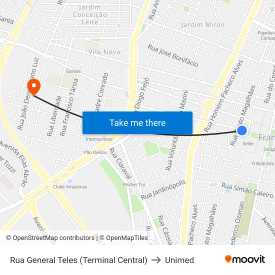 Rua General Teles (Terminal Central) to Unimed map