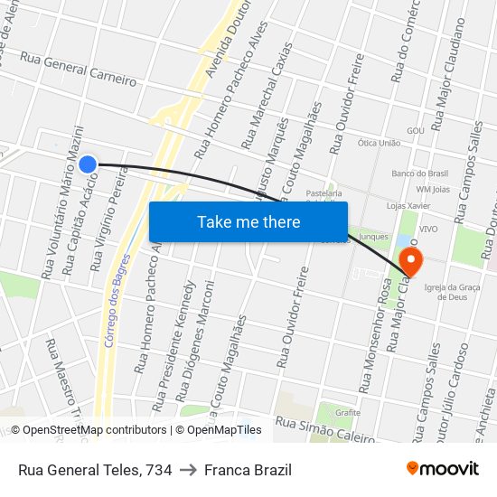 Rua General Teles, 734 to Franca Brazil map