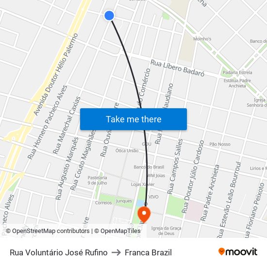 Rua Voluntário José Rufino to Franca Brazil map