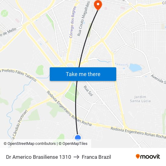 Dr Americo Brasiliense 1310 to Franca Brazil map