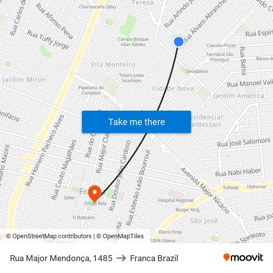 Rua Major Mendonça, 1485 to Franca Brazil map