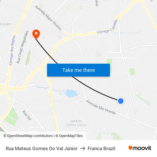 Rua Mateus Gomes Do Val Júnior to Franca Brazil map