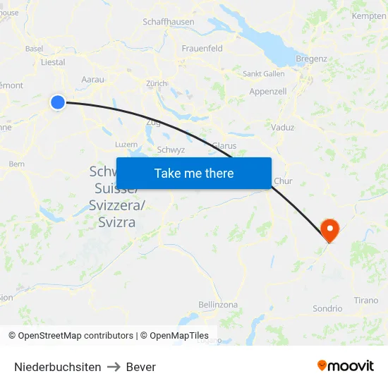 Niederbuchsiten to Bever map