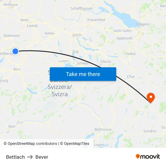 Bettlach to Bever map
