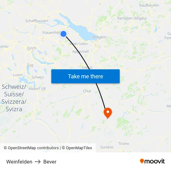 Weinfelden to Bever map