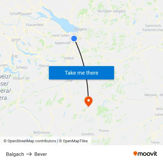 Balgach to Bever map