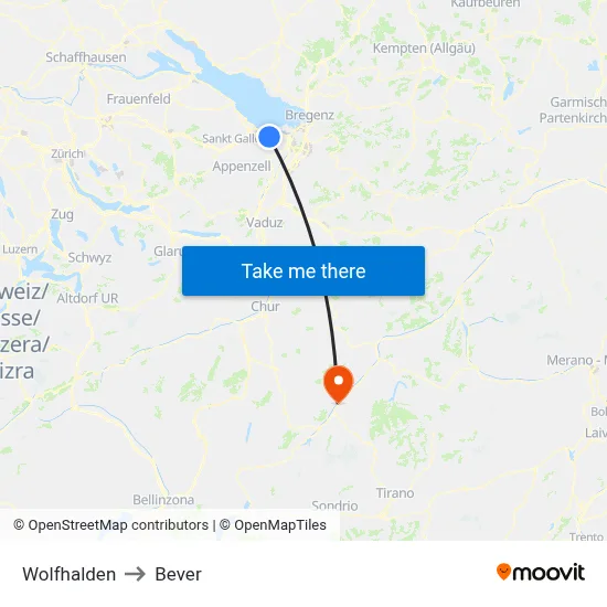 Wolfhalden to Bever map
