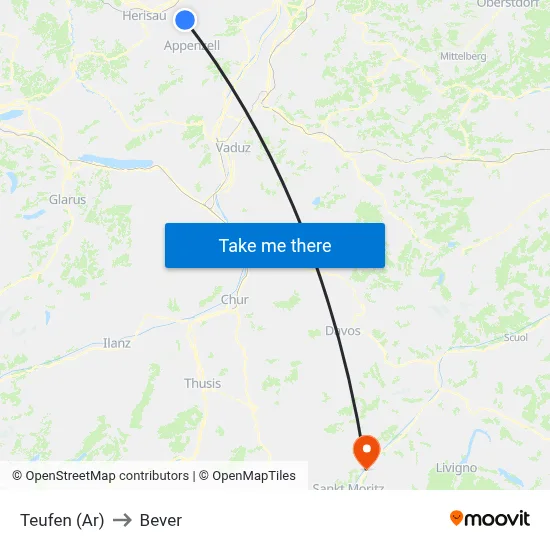 Teufen (Ar) to Bever map