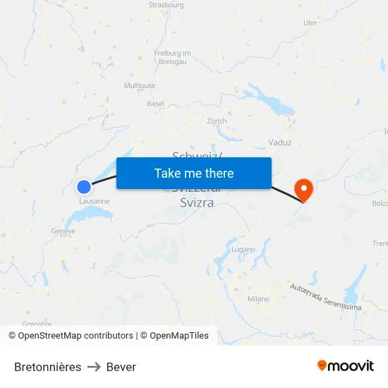 Bretonnières to Bever map