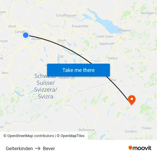 Gelterkinden to Bever map