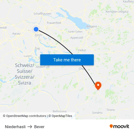 Niederhasli to Bever map