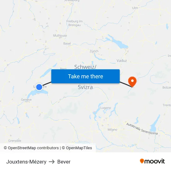 Jouxtens-Mézery to Bever map