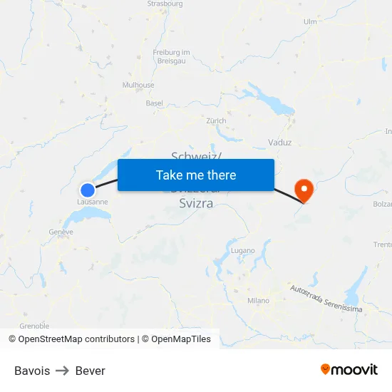 Bavois to Bever map