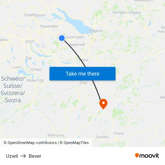 Uzwil to Bever map